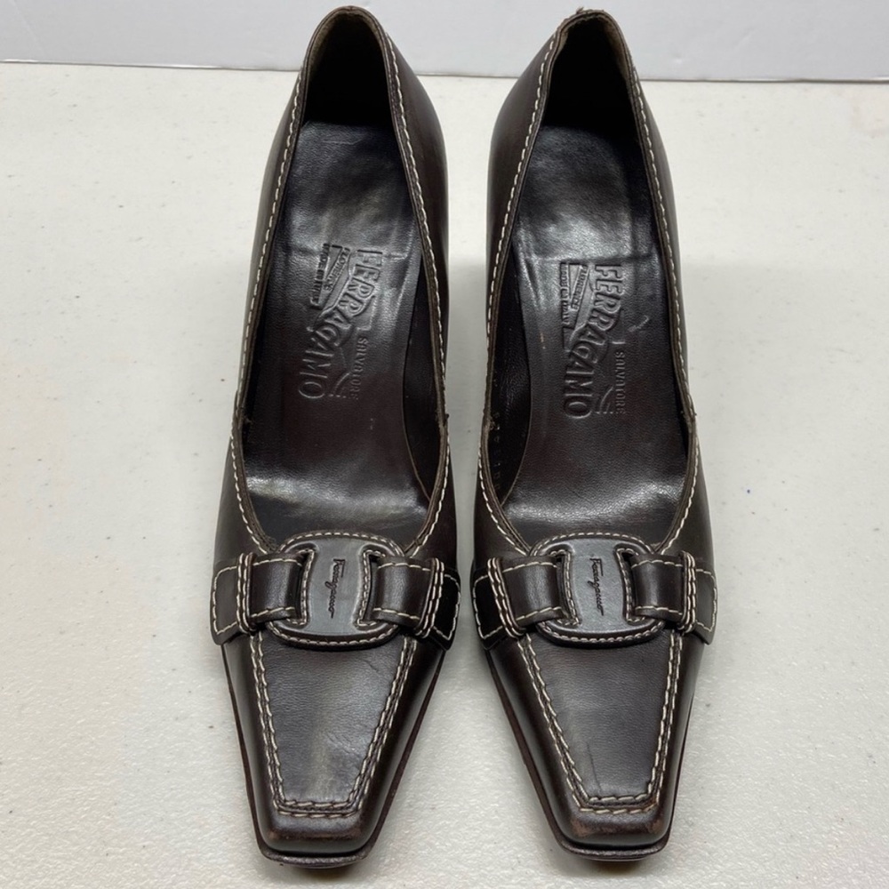 Salvatore Ferragamo Dark Brown Leather Pointed Toe Heels with Buckle Detail